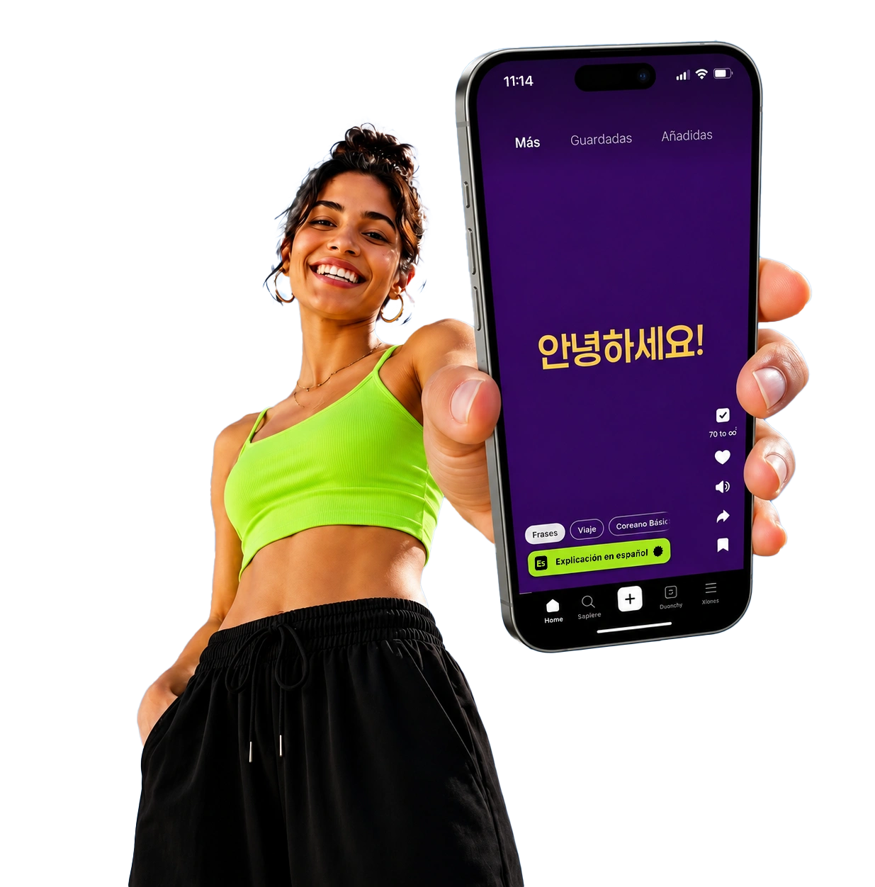 Mujer sosteniendo el teléfono con la app COCOA